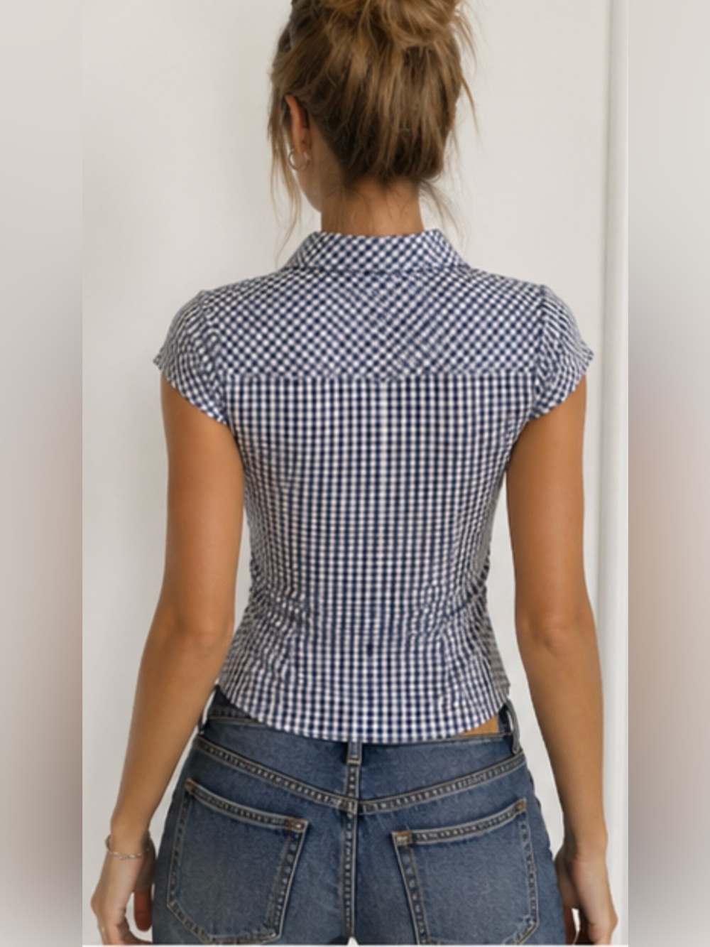 VTG Faconnable Size Small Blue & White Seersucker Plaid Button Up Collared Top - Picture 3 of 11